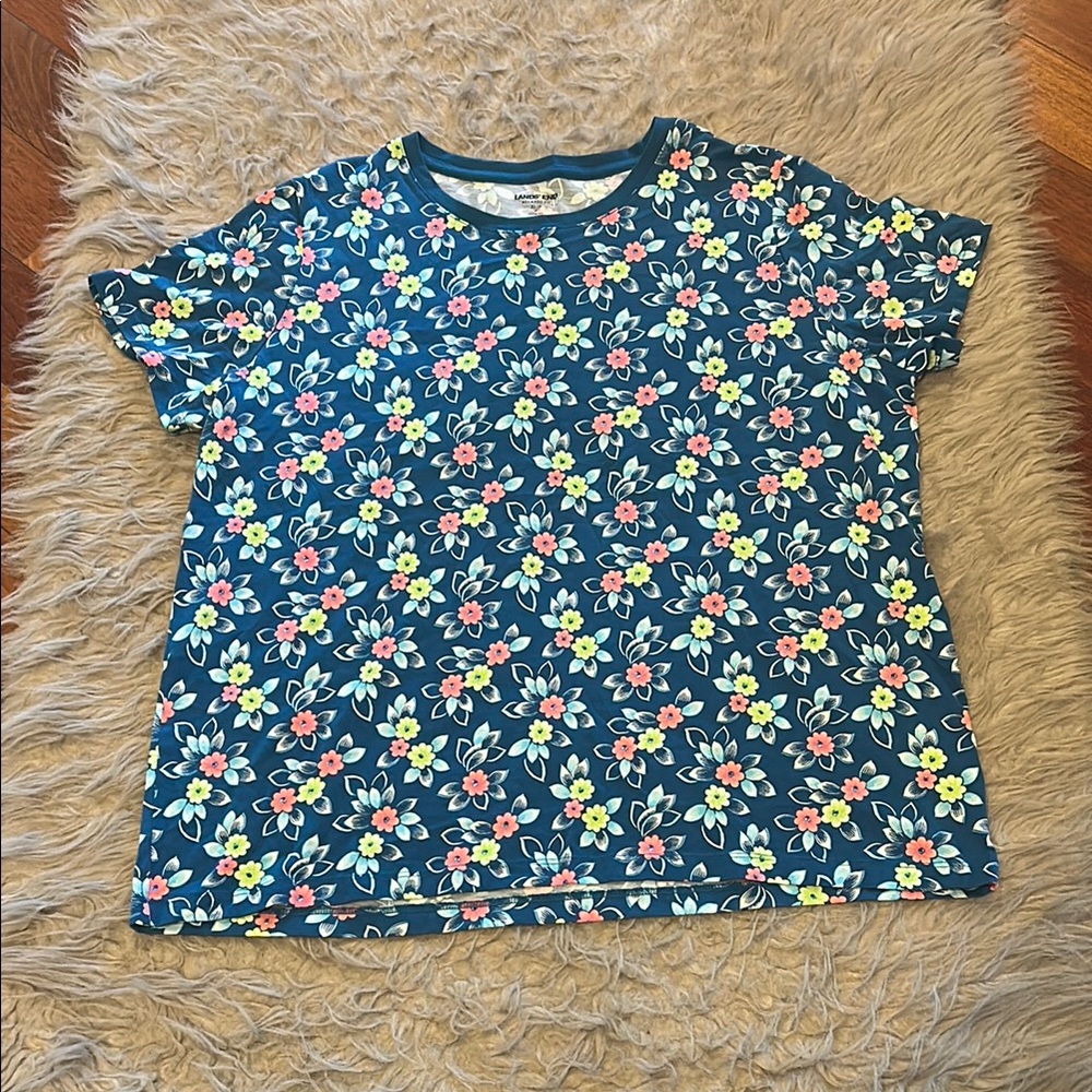Lands' End Blue and Yellow Floral Cotton Short Sleeve Tee